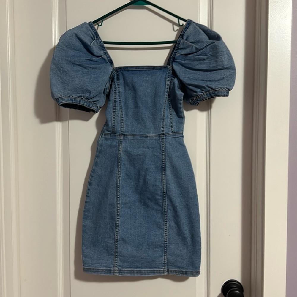 Ladies puff sleeve mini denim dress